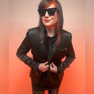 L.A.M.B. / Black Satin Blazer Zipper Details / Size 8